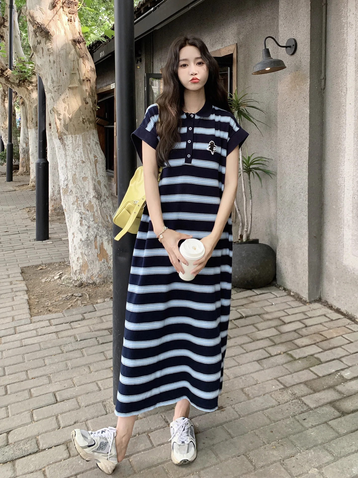 T-shirt col rayé décontracté Dr femme coupe ample été nouveau Sle collège Campus couleur Blo Long Dr Version coréenne