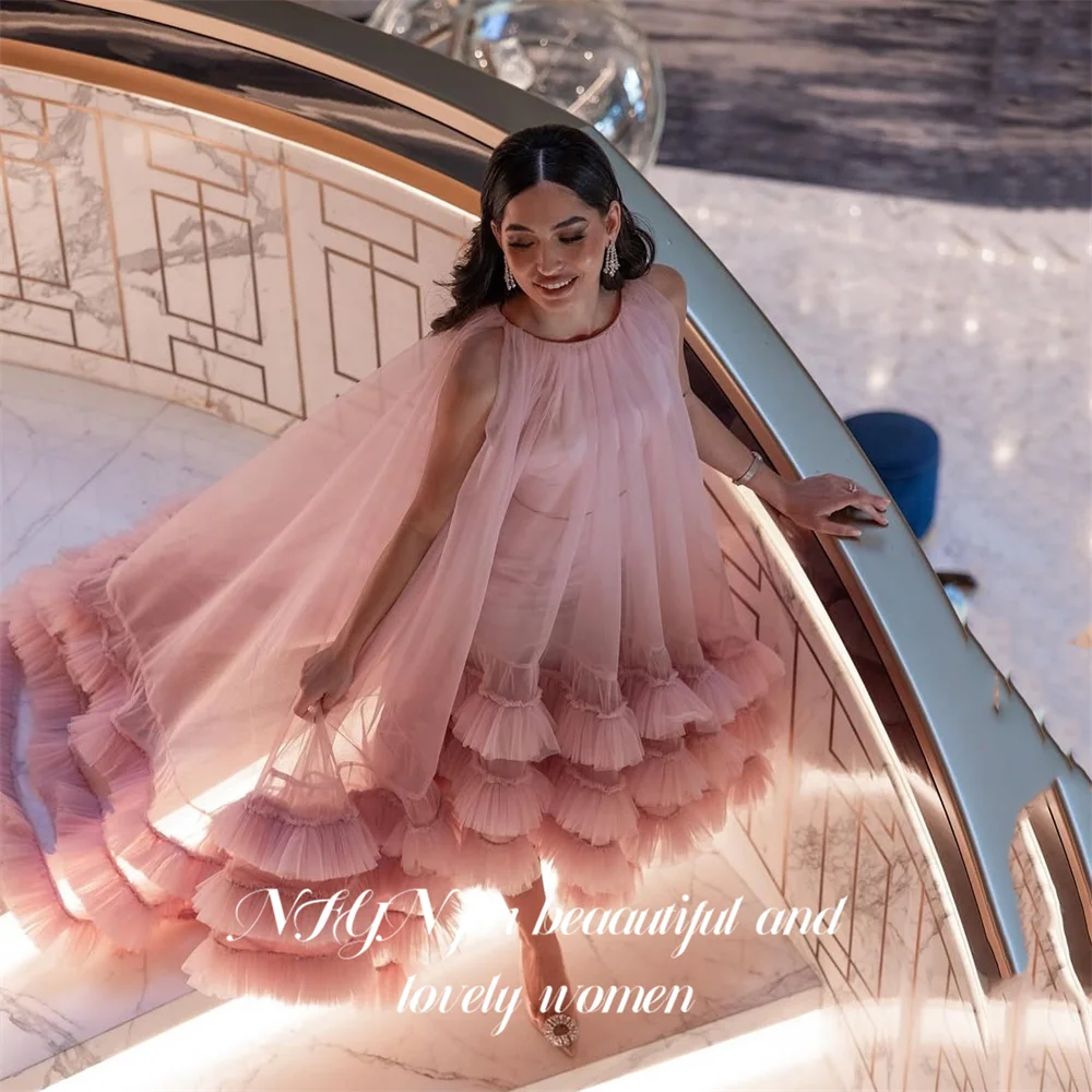 Nfyn rosa a linha vestido de baile em torno do pescoço vestido de festa à noite com tule em camadas e capa vestidos de princesa de gala para mulher personalizado