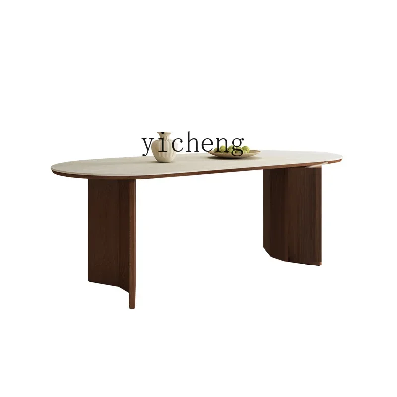 ZC Cave Stone Stone Plate White Wax Wood Dining Table Small Apartment Oval Design Master Dining Table and Chair