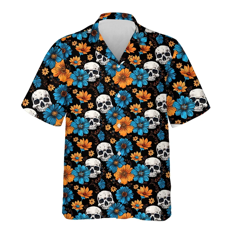 Flor de Horror Caveira Masculina Camisa Havaiana Estampada 3D, Casual Tops Havaiano, Roupa de Praia, Harajuku, Hip Hop, Feriado, Verão