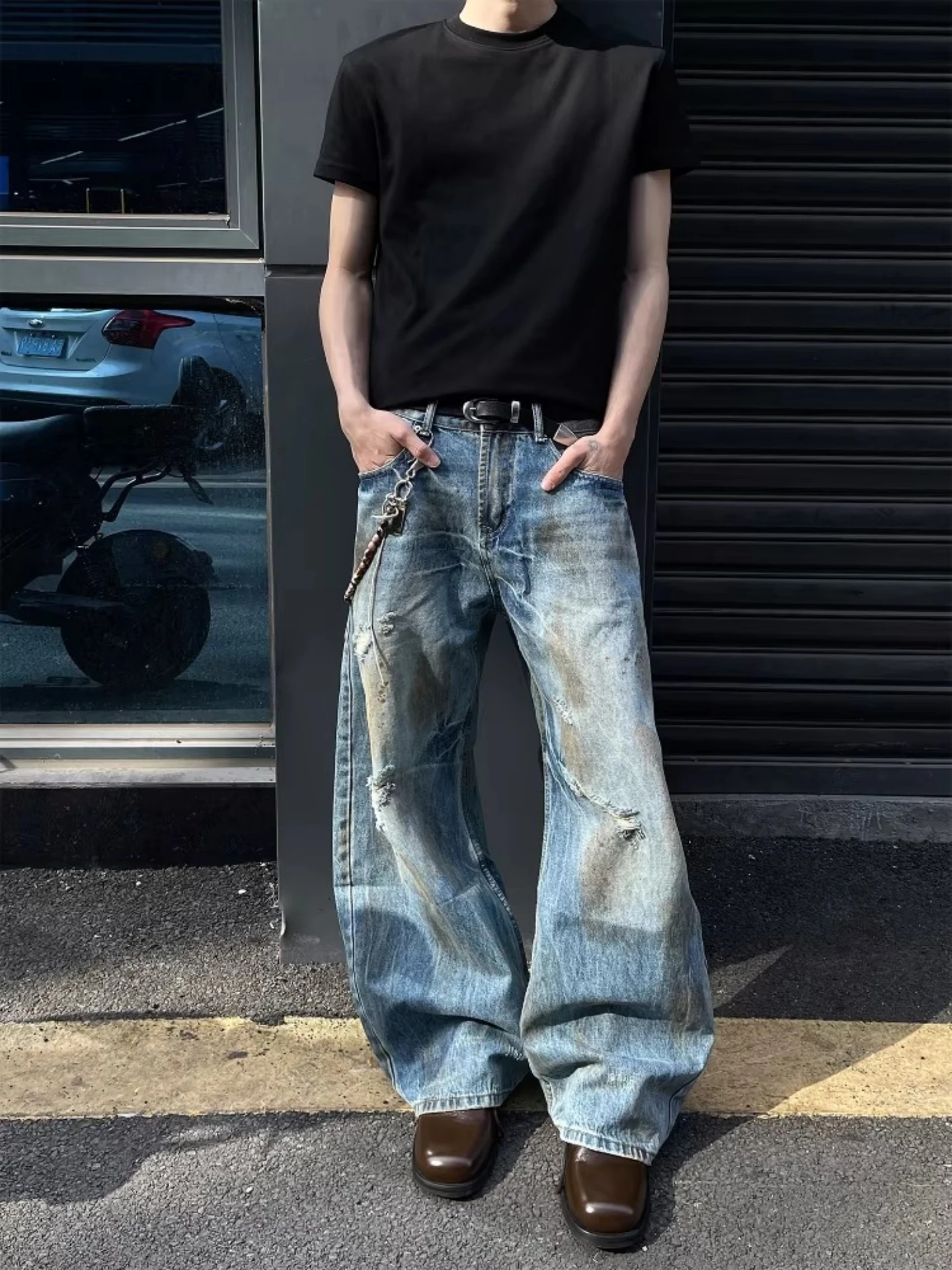 American Style Heavyweight Street Vintage Knife  Jeans Men's Trendy Flared Hole Straight Vibe  Match All Cotton Poly...