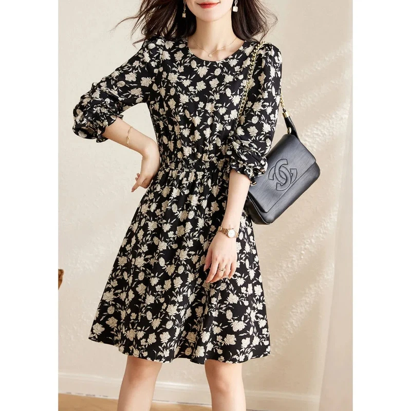 Spring Autumn A-Line Round Neck Chiffon Pullover Petal Long Sleeve Plant&Flowers Printing Women's Clothing Prairie Chic Dresses