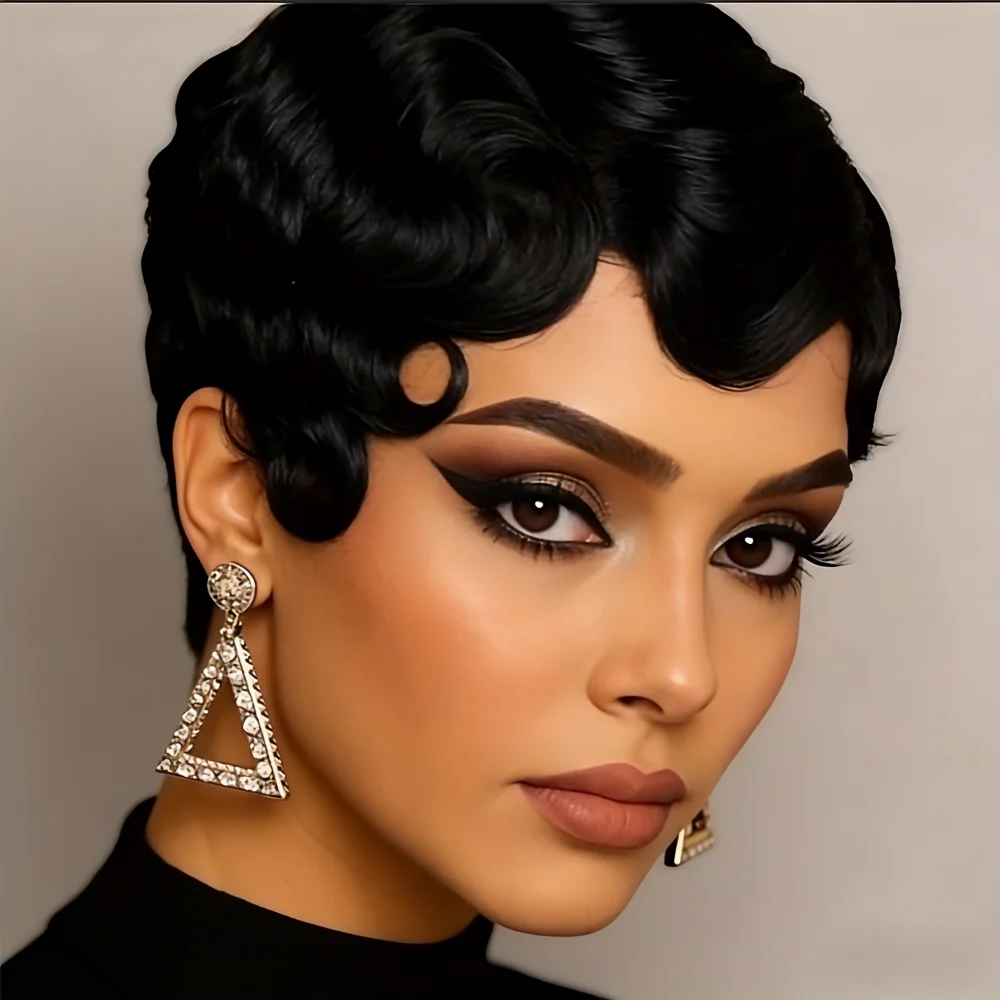full machine made Women's Natural-Looking Pixie Cut Human Hair Wig Wave Hairstyle Suitable for Busy Professionals