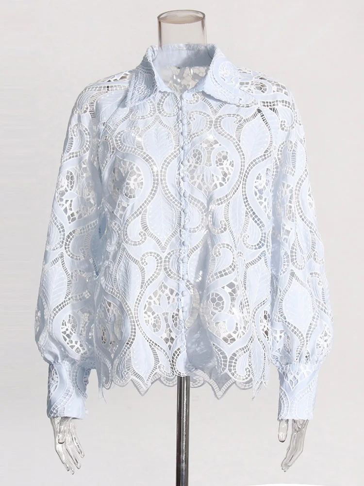 TWOTWINSTYLE Hollow Out Embroidery Chic Blouse For Women Lapel Lantern Sleeve Spliced Single Breasted Casual Shirts Female New