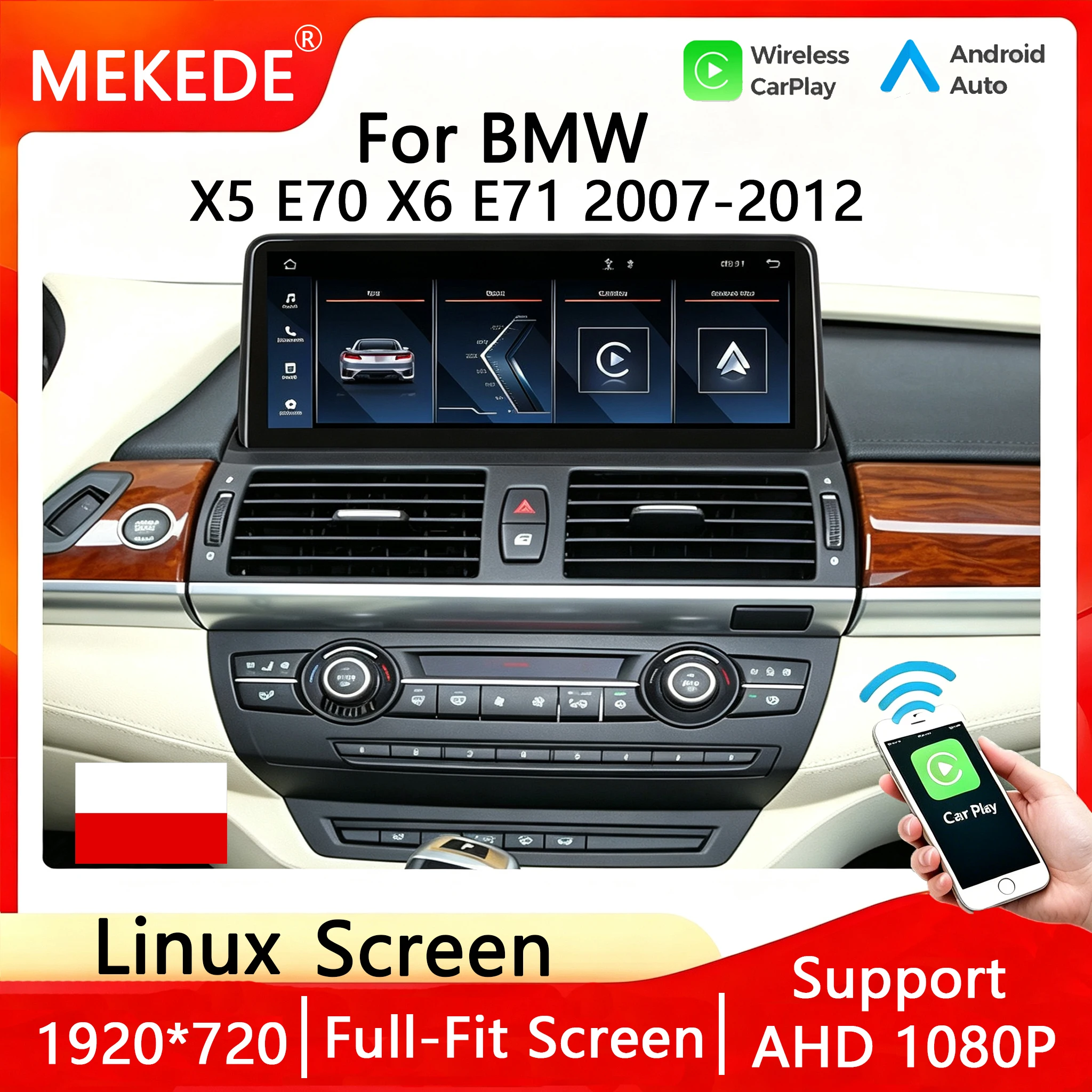 MEKEDE Stock Pologne Écran 1920*720 Linux 10.25" Sans Fil CarPlay Android Auto Lecteur Multimédia Automobile Pour BMW X5 E70 X6 E71 E72 2007-2012 Système CCC CIC Autoradio GPS Navigation BT Lecteur Vidéo Prise en Charge Mirror Link Commandes au Volant SWC 1920*720 QLED