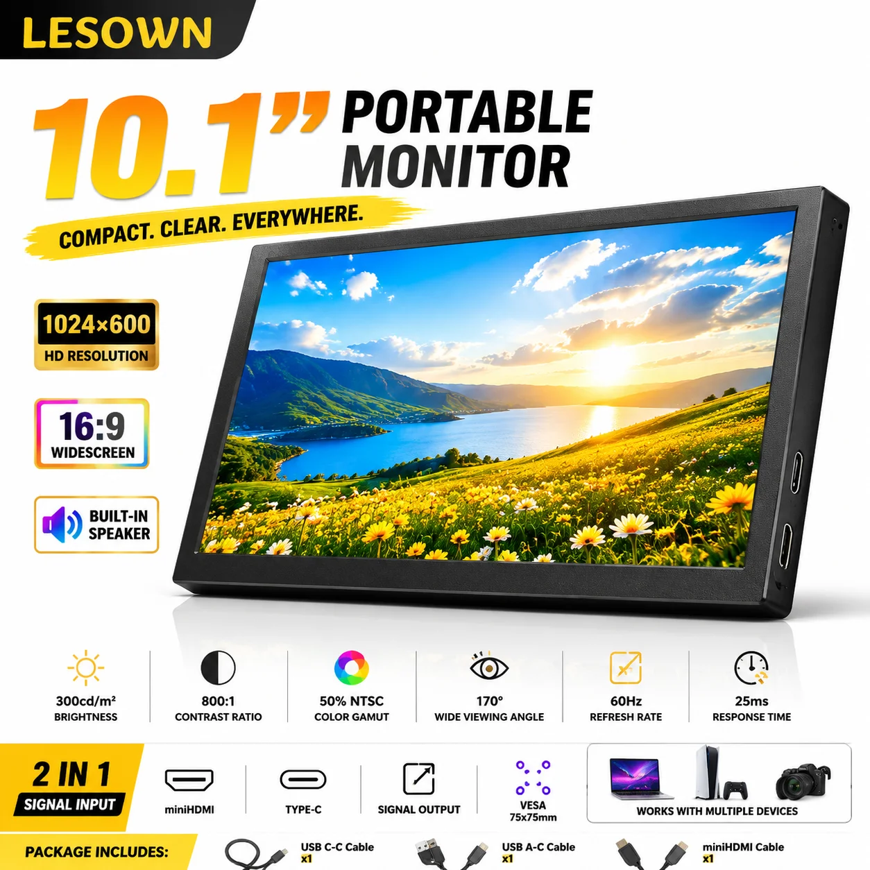 LESOWN Pro-Grade 10.1" 2K Monitor 2560x1600 IPS Type-C Secondary Display with Speaker for Mobile Productivity