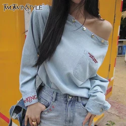 TWOTWINSTYLE Denim Spliced Pockets Shirt For Women Slash Neck Long Sleeve Patchwork Button Sexy Vintage Blouse Female Clothing