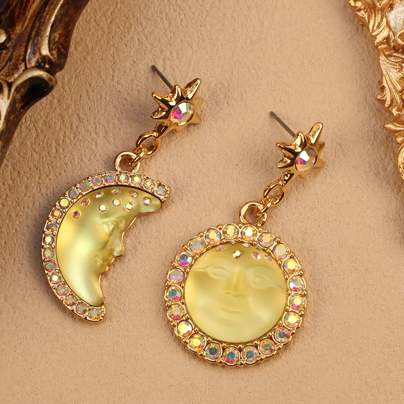 

Asymmetric Sun Moon Earrings – Bohemian Style with Moonstone & Dazzling Gems for Heart Chakra Activation & Attracting Love