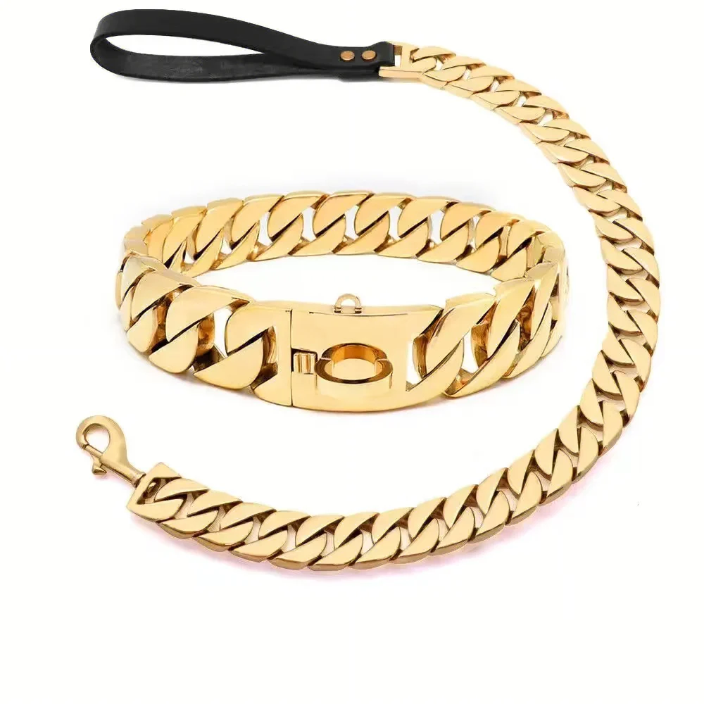 Coleira PMGPET para Cães Grandes, Coleira Choker Cuban Chain de Aço Inoxidável Dourado Sólido e Resistente 32mm para Pitbull e Dogo