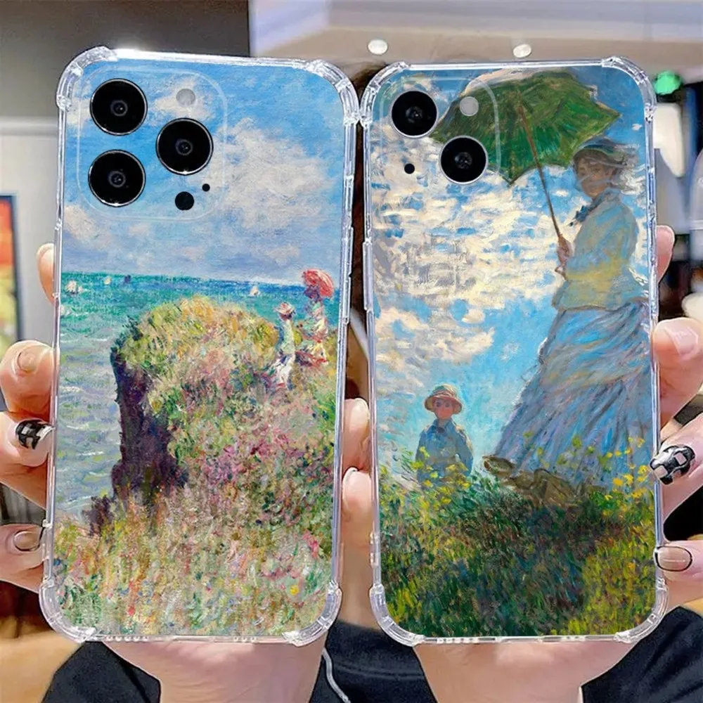 حافظة هاتف كلود مونيه مطلية بالزيت لهاتف آيفون 16,15,14,13,12,11 Plus,Pro,Max,XR,XS,X,7,8 SE,سيليكون شفاف صغير ناعم
