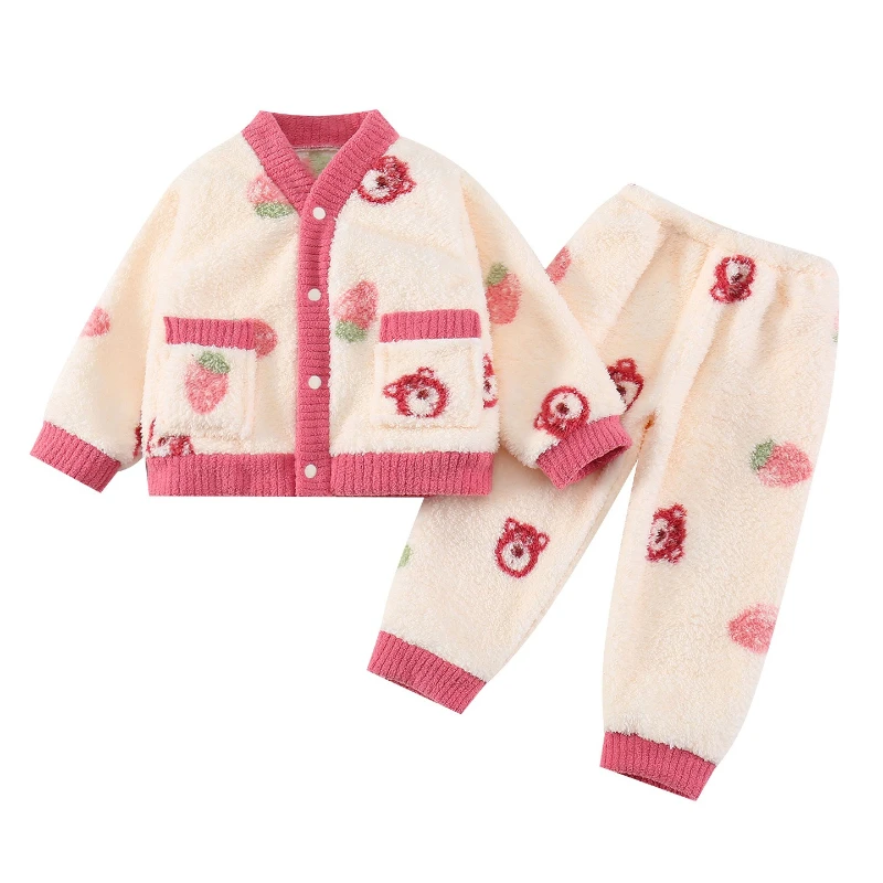 بيجامات أطفال للخريف والشتاء من الصوف المرجاني 2025 سترة جديدة للفتيات برقبة واقفة بدلة من الفلانيل ملابس تنحيف للفتيات