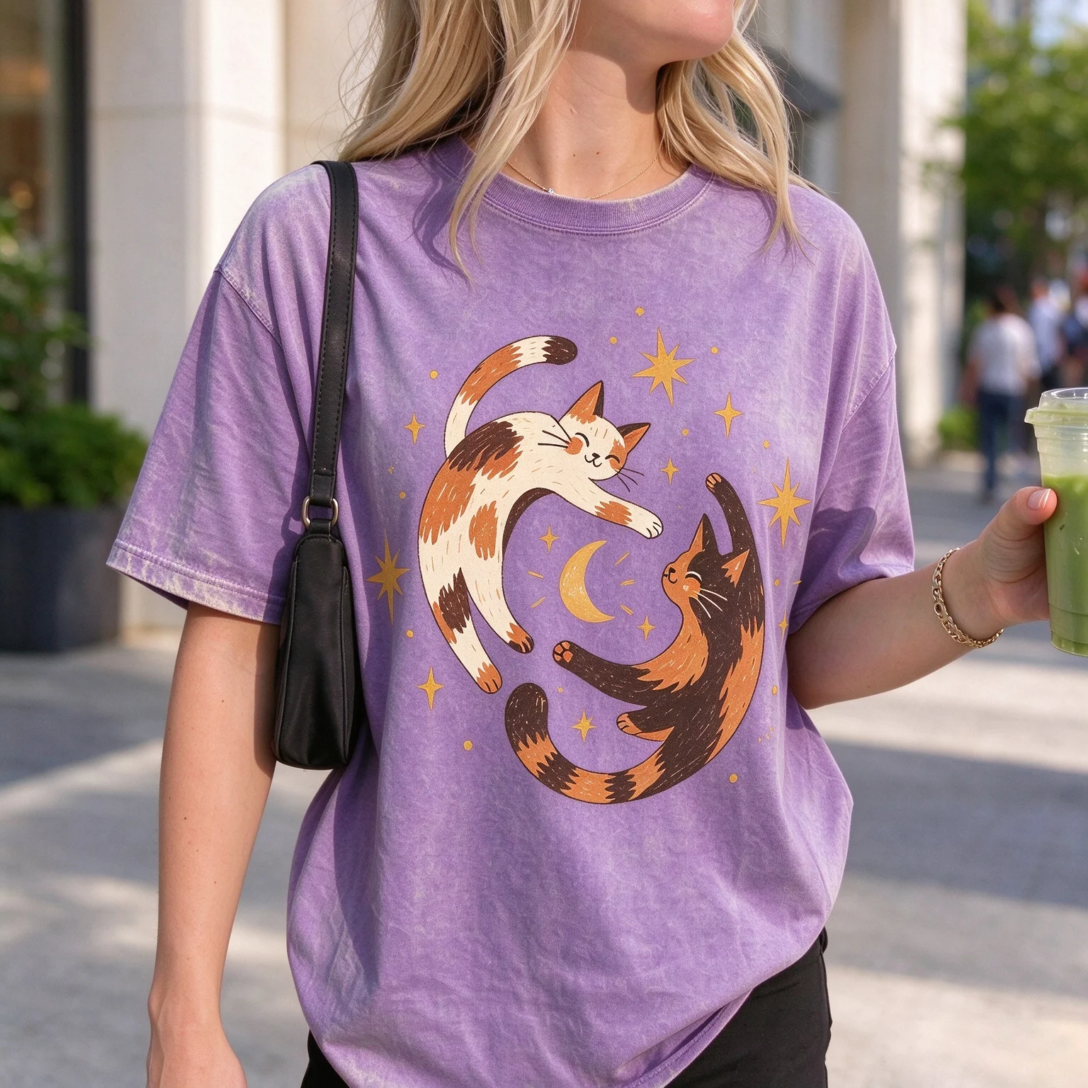 Women Vintage Washed T Shirt Cute Dancing Cats Moon Star Celestial Graphic Crew Neck Short Sleeve Casual Streetwear Tops