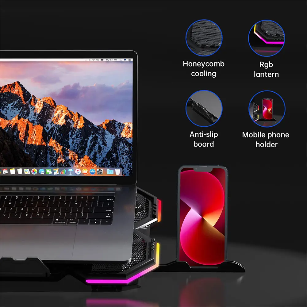 Air Cooler Notebook Stand Holder 2 USB Ports External Cooler with 6 Quiet Fans Height Adjustable for 12-21 Inch Gaming Notebooks