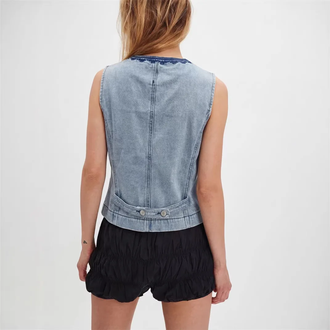 Summer 2026 Women's Sleeveless Denim Blouse Casual Fitted Jacket with Embroidered Buttons Fashion Style