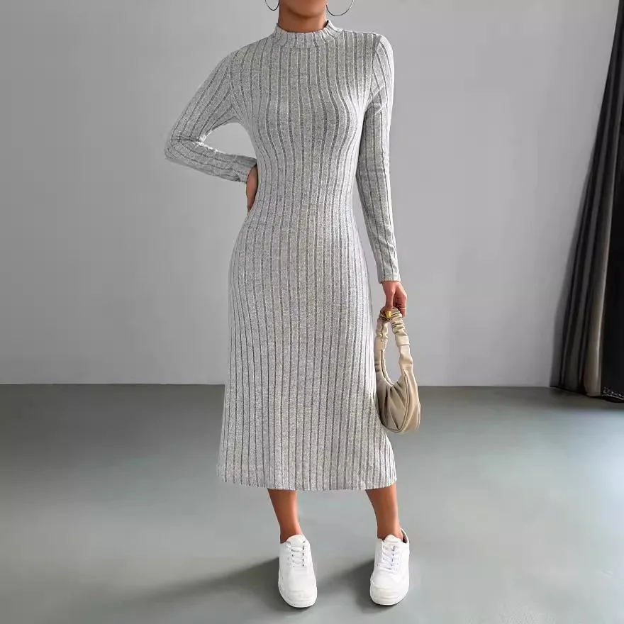 Women\'s 2024 autumn new casual mid length dress, European and American slim fit solid color knitted long sleeved dress
