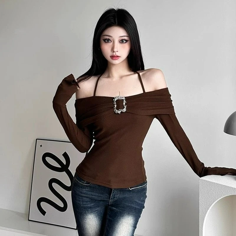

2026 Winter New Style Long Sleeve One-shoulder Tower Buckle Halter T-shirt Top for Women Fashion Thickened Warm Base Layer Shirt