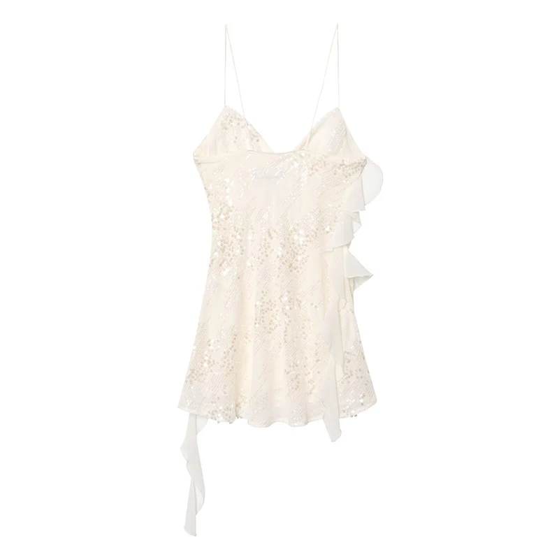 Mini robe Sexy à bretelles Spaghetti et paillettes pour femmes, col oscillant, sans manches, dos nu, robe d'été courte de fête