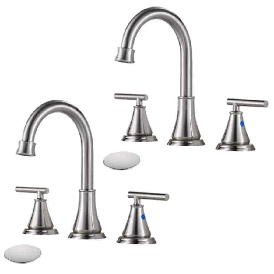 

Bathroom sink faucet brushed nickel metal 8-inch widespread 3-hole 2-pack with pop-up drain assembly and 2-handle vanity design