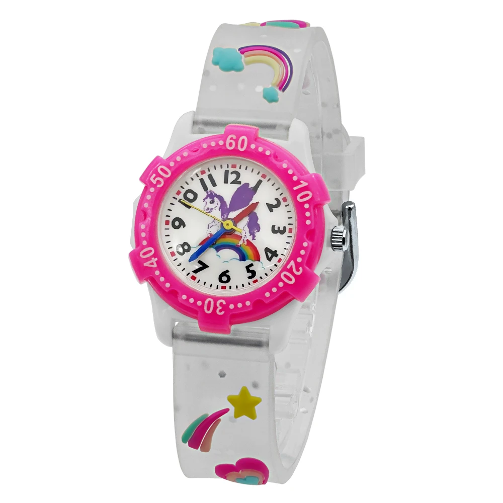 Brand Children's Watch Transparent Sparkling Pink Band Candy Color Dial Waterproof Quartz Girls' Watch Christmas Gift