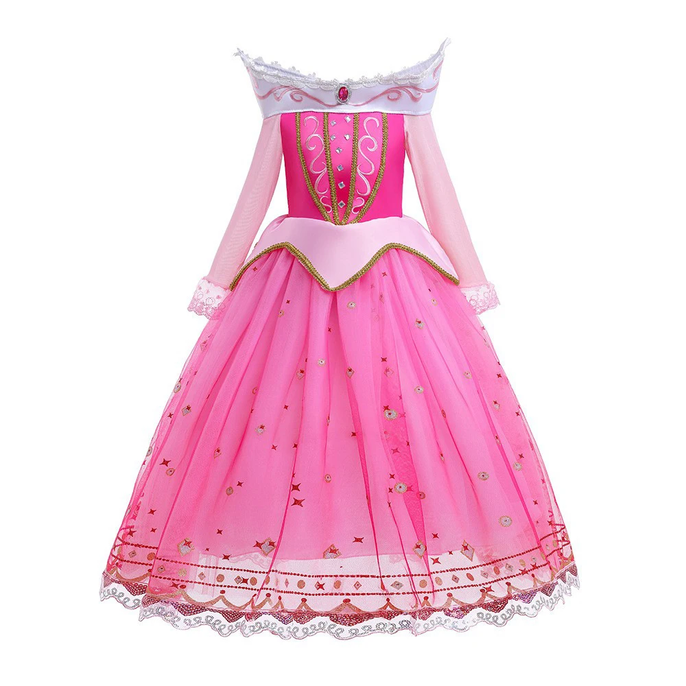 Girls Pink Off Shoulder Princess Dress Aurora Costume Bow With Ruby Inlaid Ball Gown Halloween Sleeping Beauty Role Play Apparel view 6