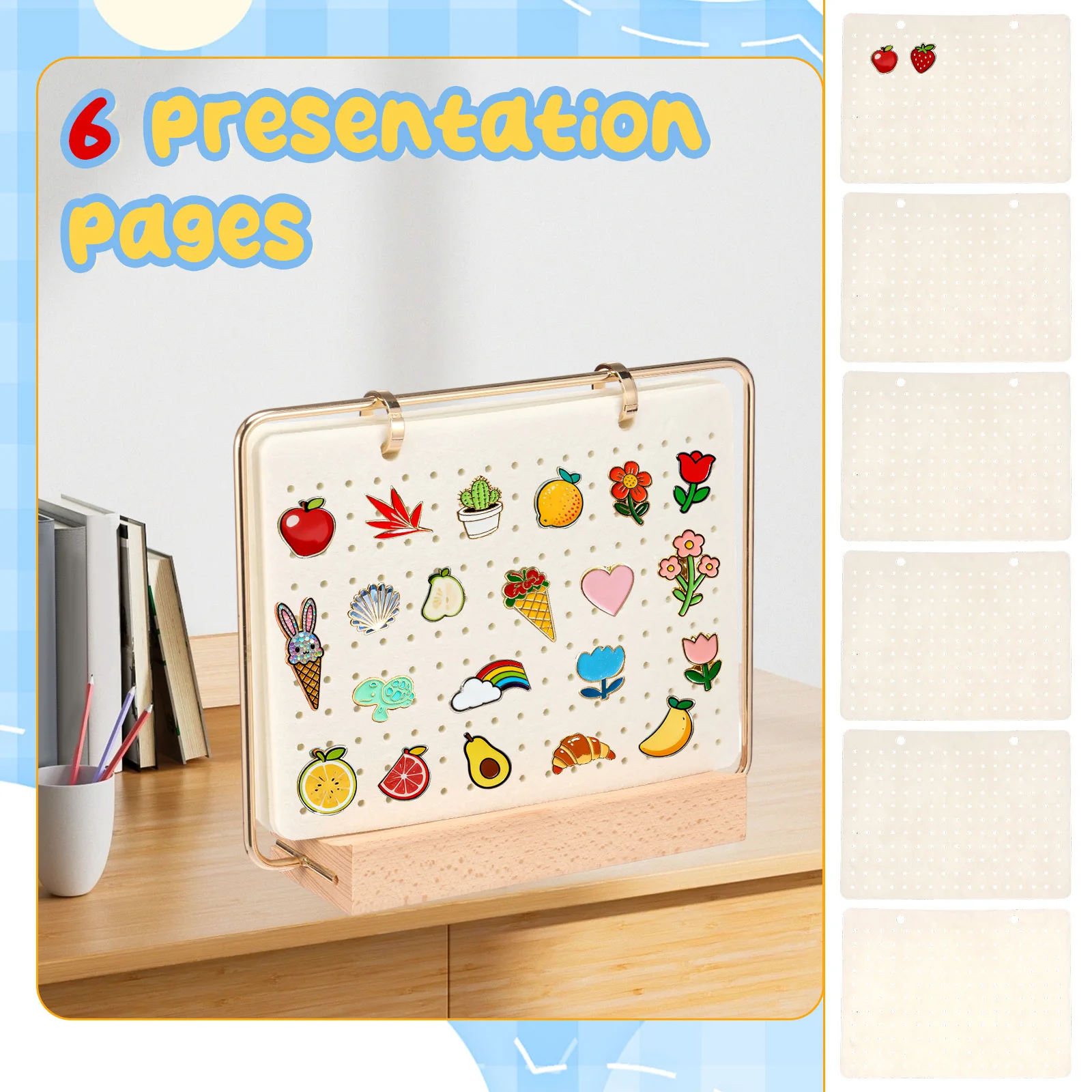 Pin Display Organizers Earring Hair Clip Flip-style Storage Holder Brooch Badge Collection Calendar Wooden Stand with 6 Pages