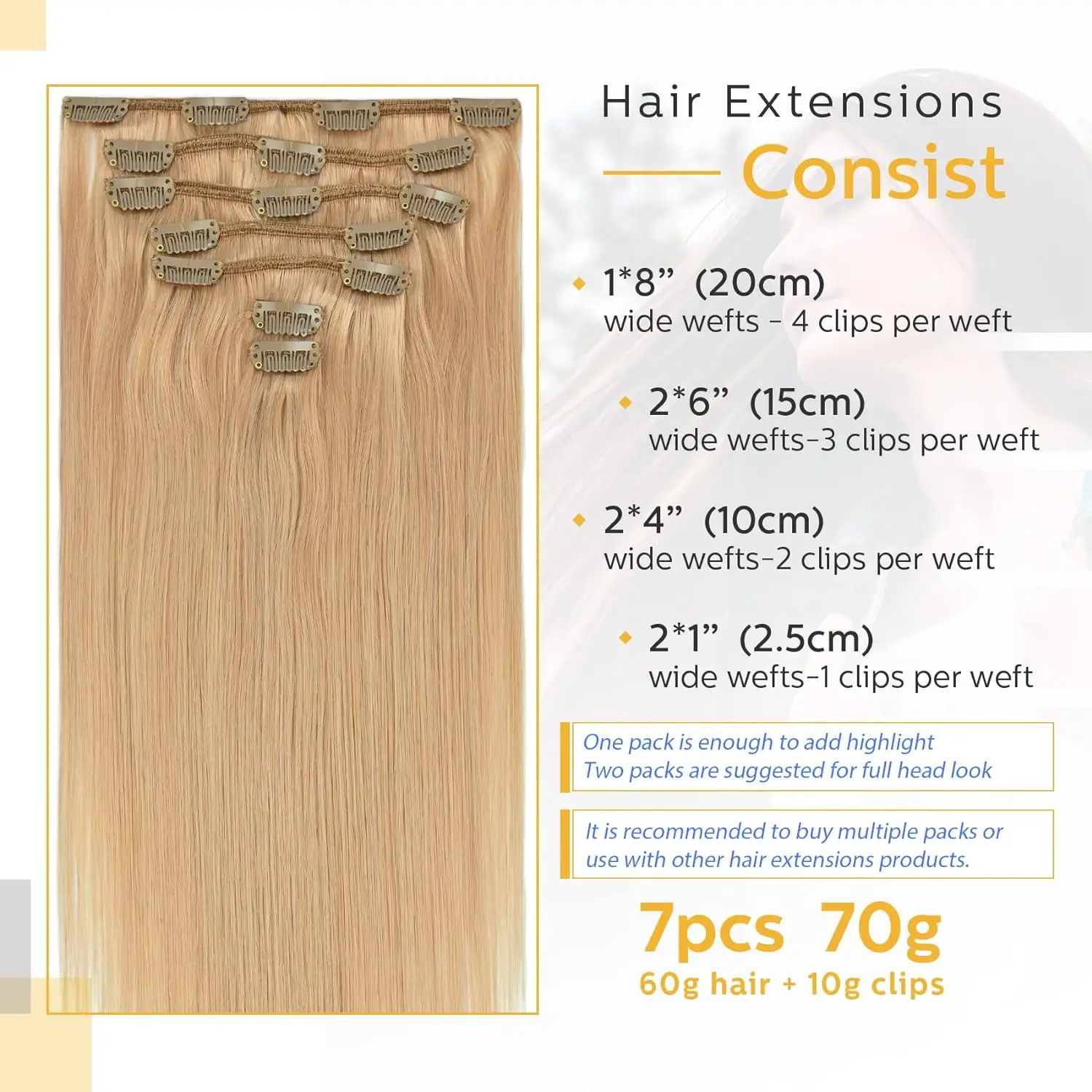 7pcs Clip in Hair Extensions Real Human Hair Straight Weft Seamless Clip ins Color 27# For Women 22-24 Inch 100g/Set