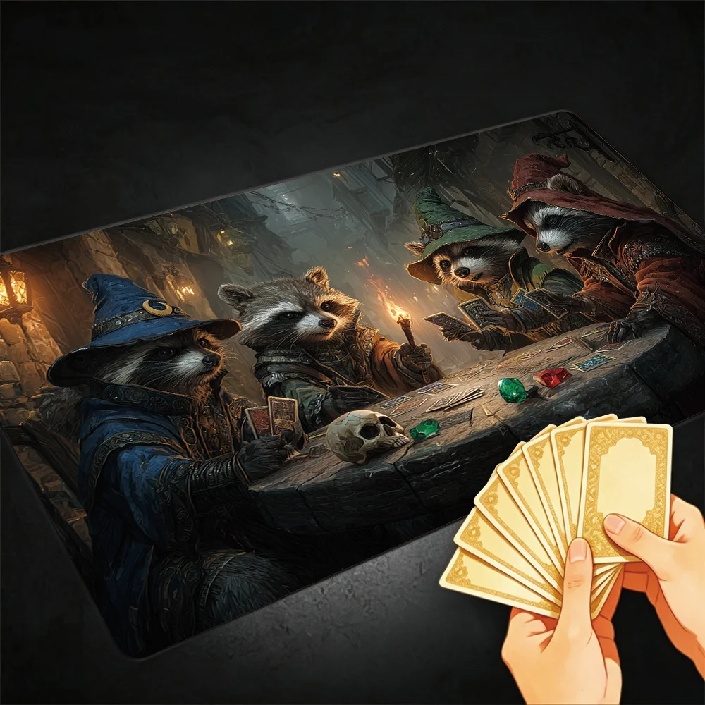 Raccoon Card Party TCG Playmat Magic Playmat Gathering Gaming Mat with Stitched Edge Anti-slip base 60X35cm Trading Card Game