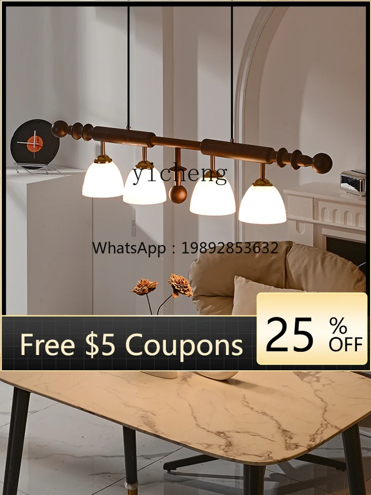 

Retro Mid-Ancient Solid Wood Chandelier Kitchen Island High-Grade Sense Long Lamp