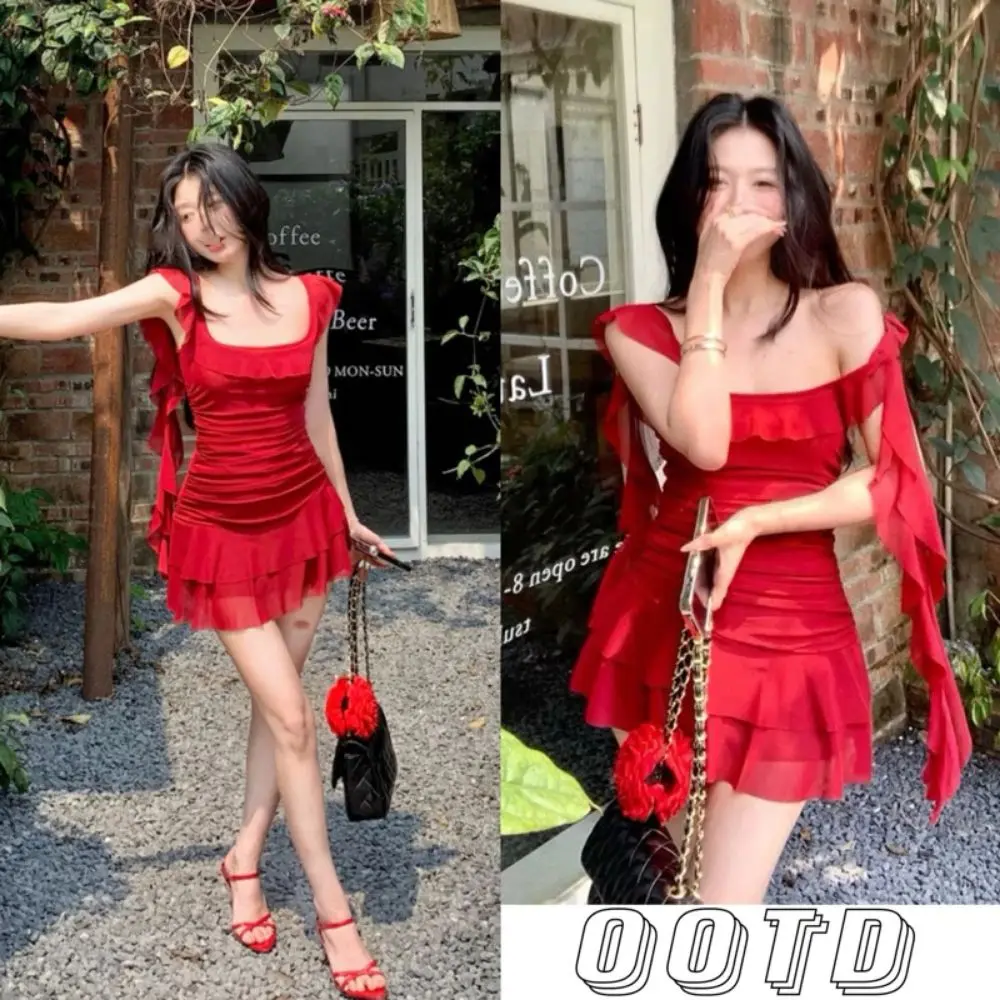 

Square Collar Ruffle Edge Dress Sleeveless Temperament Women Short Skirt Spicy Girl Streetwear Halter Camisole Dress