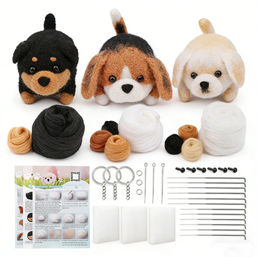 12-teiliges Nadelfilz-Starter-Set - Wollpuppen-Bastelset für Anfänger, DIY-Bastelzubehör mit Schaumstoffmatte & Anleitung, für Tierliebhaber