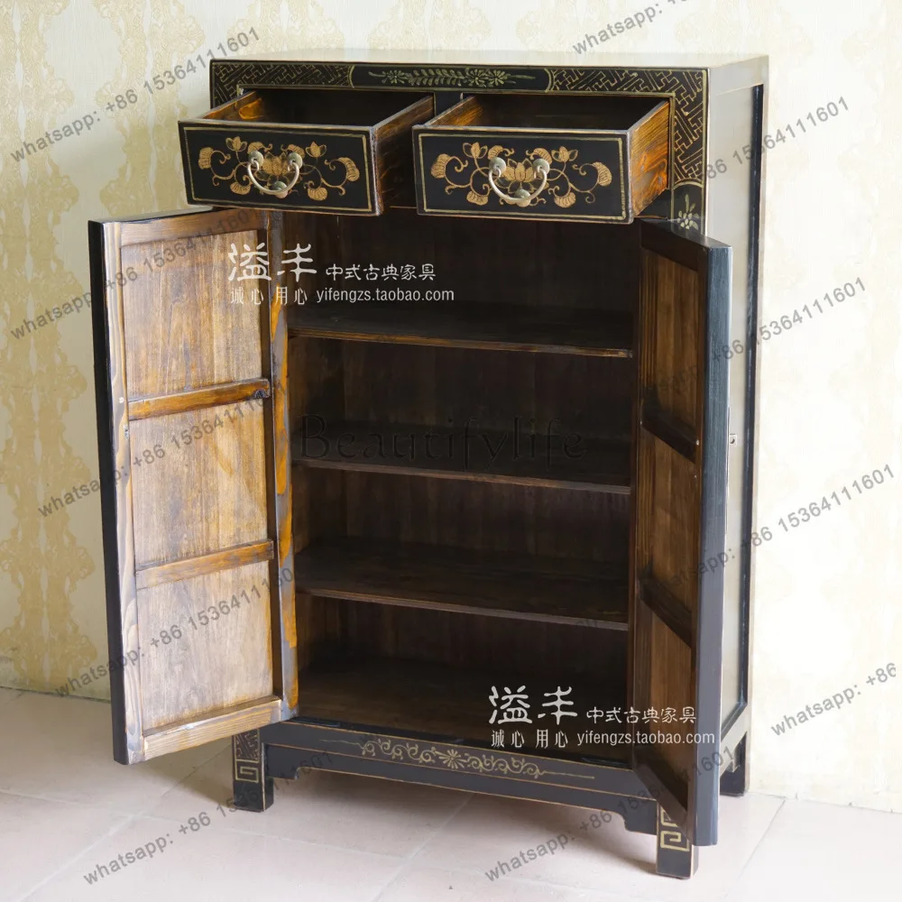 New Chinese imitation classical furniture solid wood gold-painted hand-painted storage two-door shoe cabinet retro side cabinet