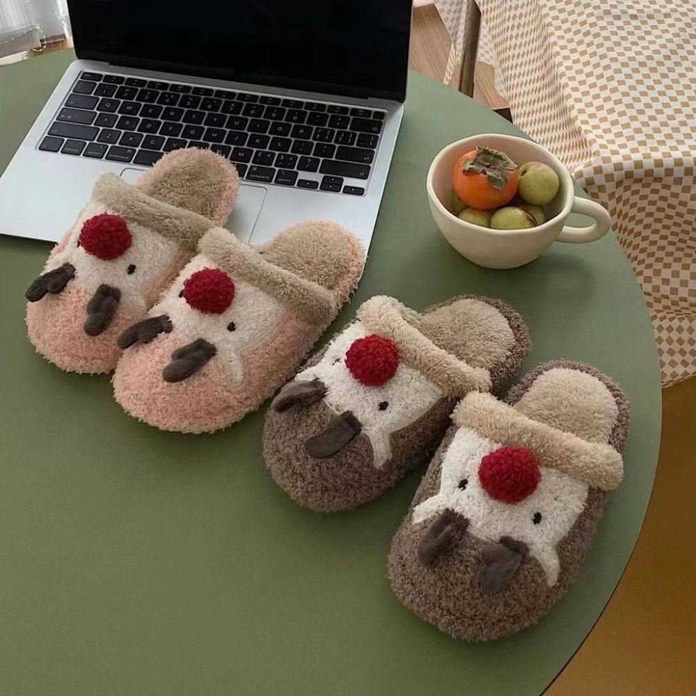 Kawaii Elk Christmas Plush Slippers Anti Slip Fluffy Winter Indoor Slippers Durable Bedroom Home Slippers Women Women