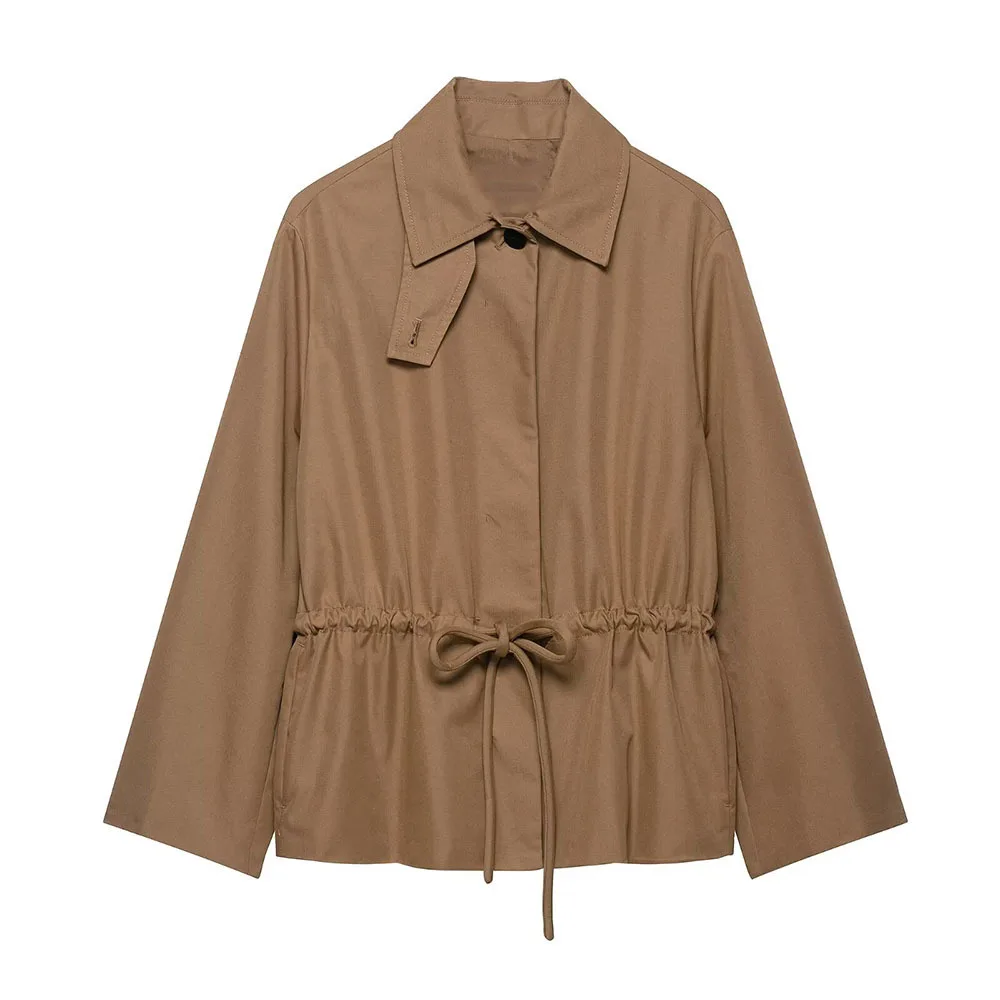 

2025 Autumn Women's Cotton Blend Fashion French Straight Hem Adjustable Waist Lapel Long Sleeve Parker Jacket