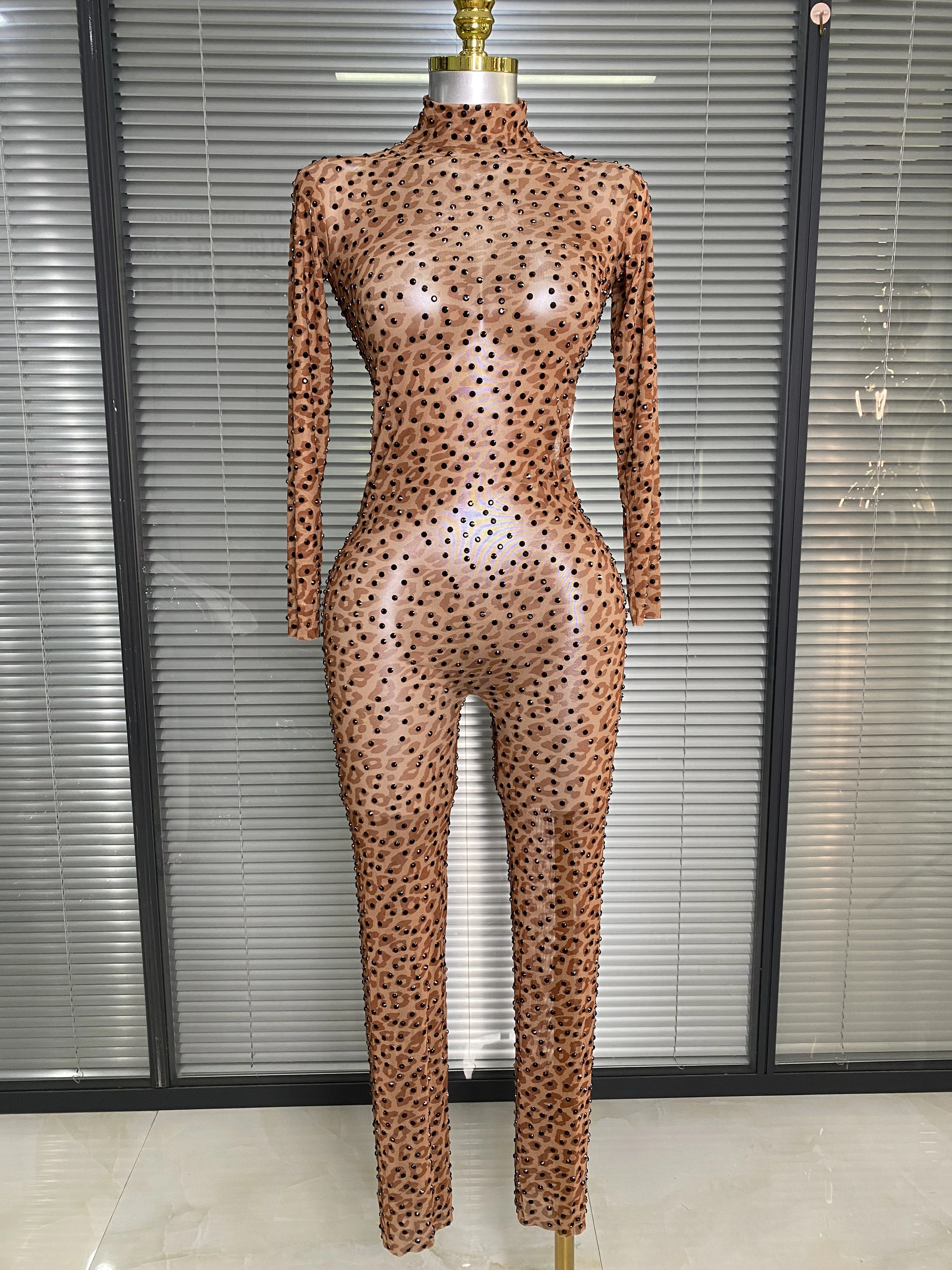 

Women Sexy Sparkly Crystals See Through Leopard Tight Long Sleeve Jumpsuit Birthday Party Nightclub Performance Costume