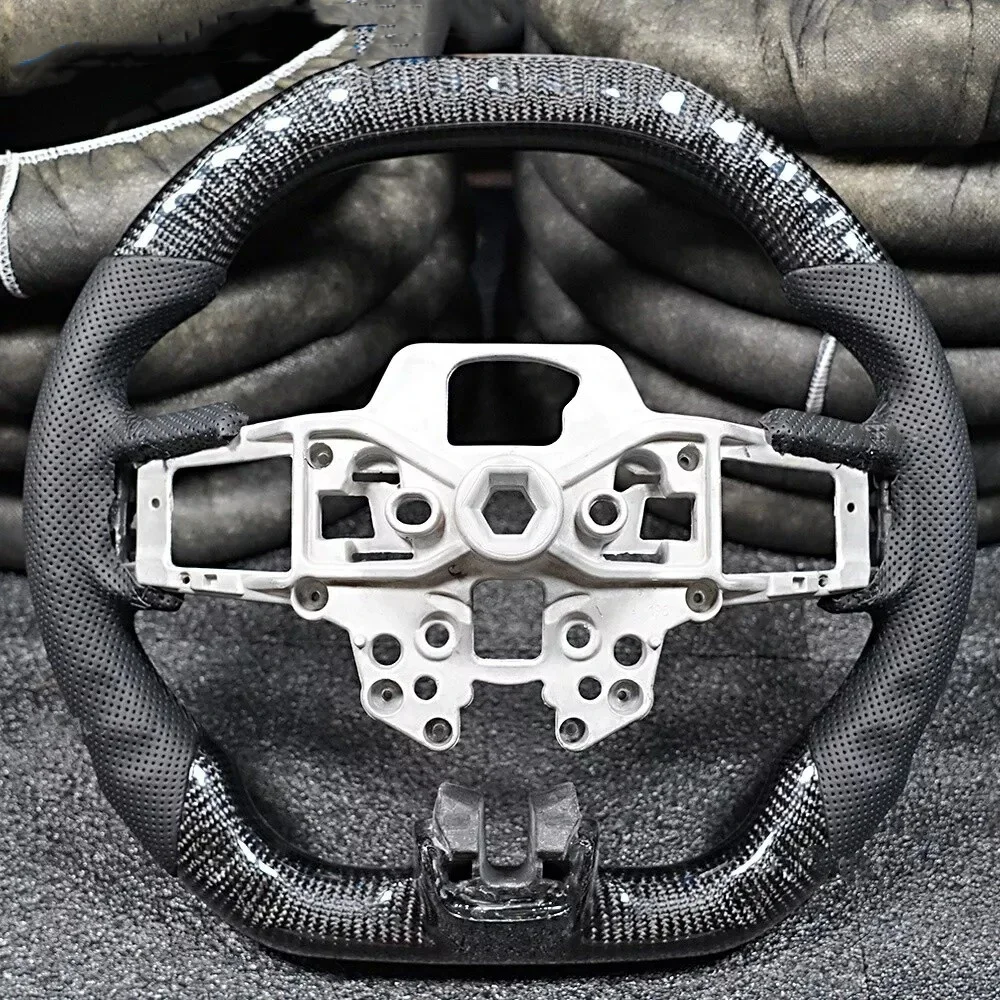 Carbon Fiber Flat Real Steering Wheel Perforated Leather For 2015-2023 Ford Mustang EcoBoost Shelby Sport Racing GT350 GT500