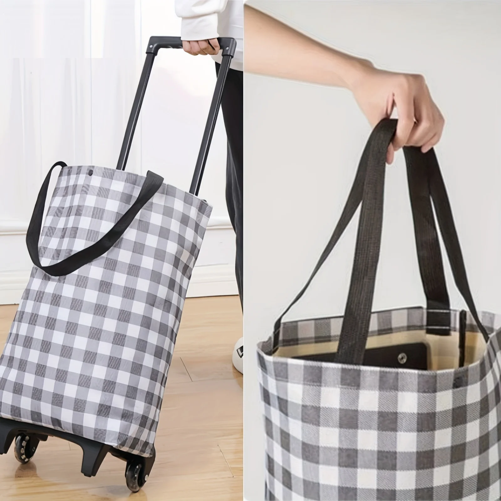 1 PC Patterned Portable Shopping Cart, Small Trolley, Foldable Tote Bag, Laundry Basket with Wheels, Laundry Hamper