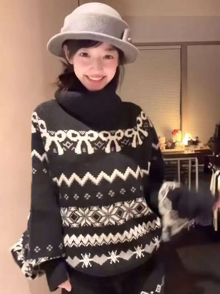 

Повседневный вязаный свитер с высоким воротником, женский осенне-зимний новый свободный модный топ с текстурой в национальном стиле