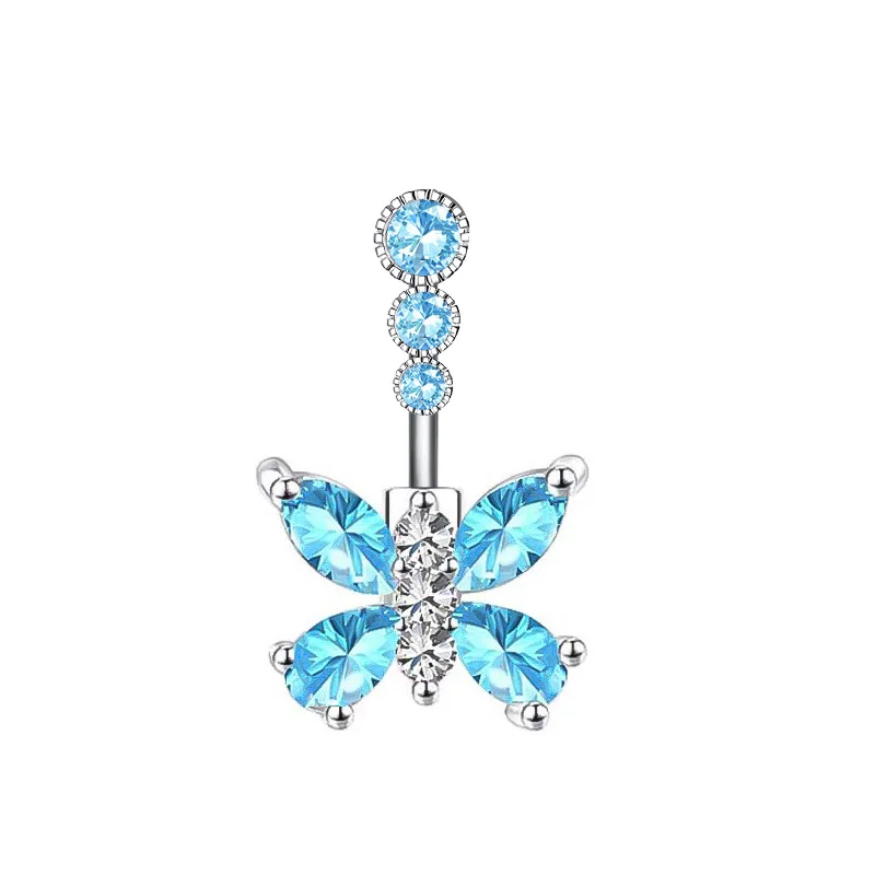 1PCS Blue Crystal Belly Button Rings Stainless Steel Heart Navel Piercing Barbell For Women Butterfly Belly Ring Beach Jewelry
