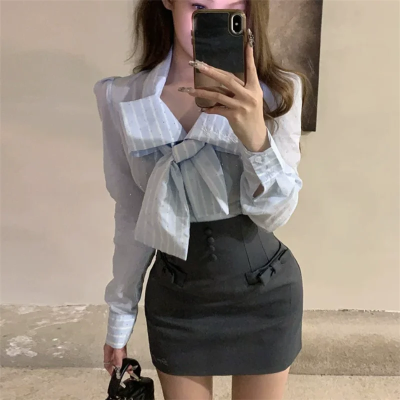 New Fall Fashion Women Two Pieces Sets Striped Blue Bow Shirt&High Waist Pencil Mini Skirt Y2k Hotsweet Girl 2 Piece Skirt Suits