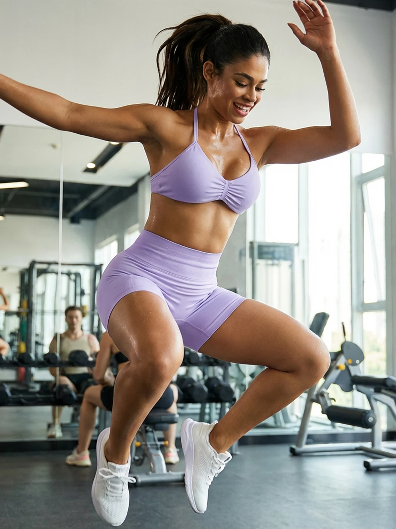 TAYOEA set yoga seamless untuk wanita, bra olahraga yang menopang, celana pendek pinggang tinggi, kompresi membentuk tubuh, cepat kering, bernapas, anti tembus pandang, cocok untuk gym, lari, pilates, dan latihan.