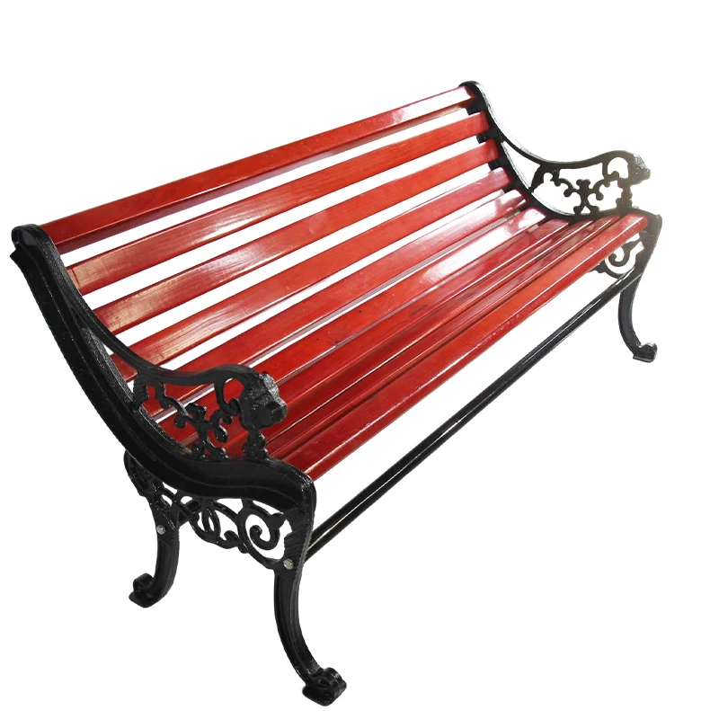 Rustic Red Garden Bench Cast Iron & Wood Antique Style for Patio Porch - Ornate Metalwork Outdoor Furniture
