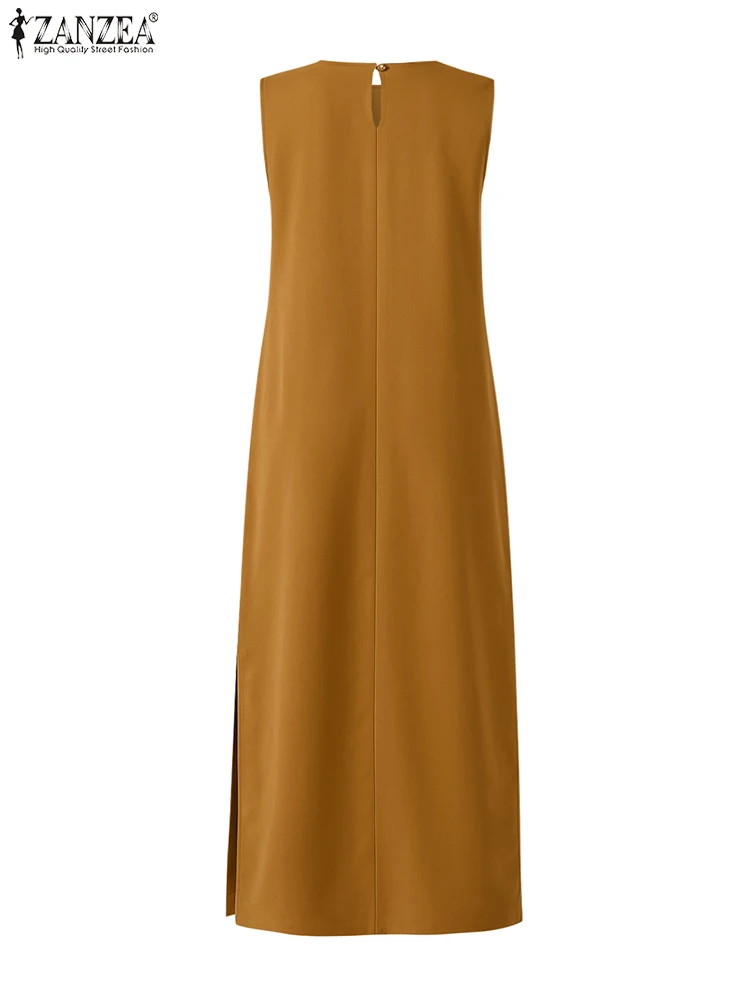 ZANZEA 2025 Zomer Mouwloze Maxi Jurken Mode O-hals Casual Vrouwen Lange Gewaden Femme Side-Slit Pendelen Solid Tank vestidos