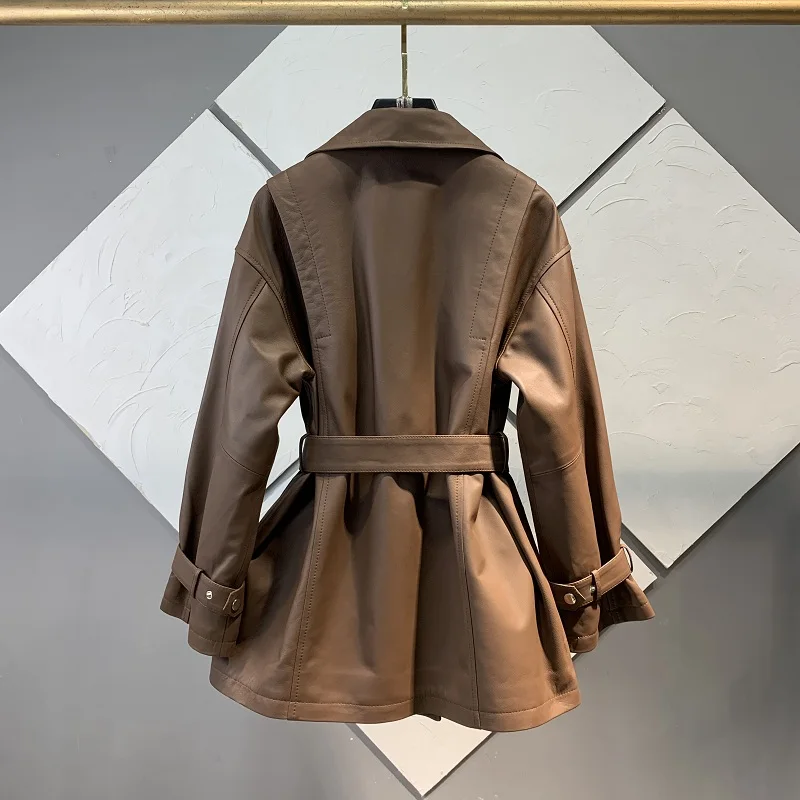 Genuine Sheepskin Leather Trench Coat for Women 2024 Spring Autumn Mid-length Real Leather Jacket Suit Collar Women's Clothing