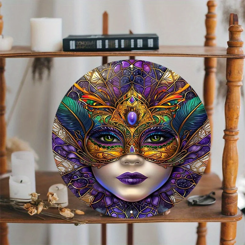 Aluminum Metal Sign Art Set, 8x8 Inch, Waterproof, Pre-Drilled, HD Printing, Stained Glass Style, Mardi Gras Mask Decor