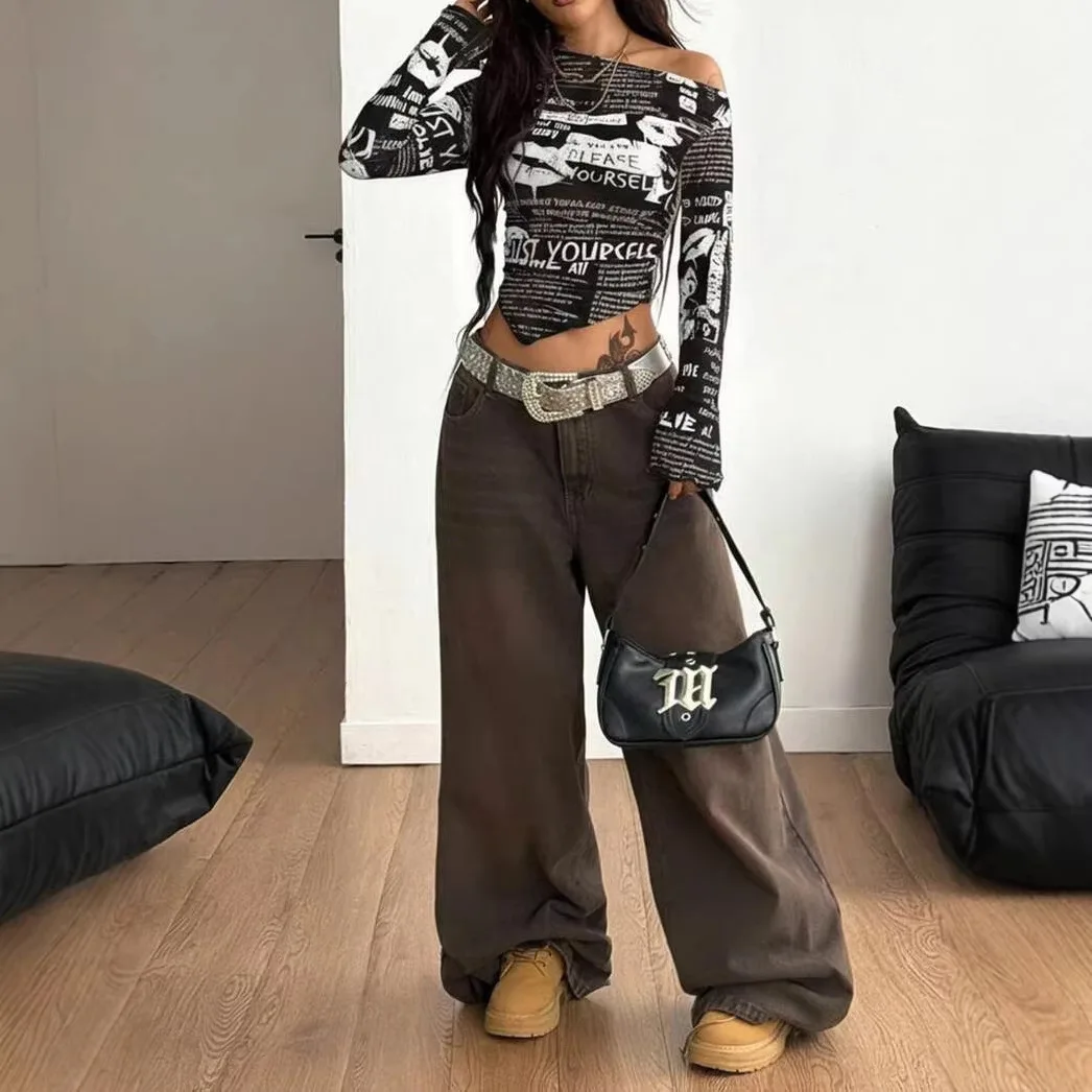Casual Style Slim Fit Short Sleeve Women's T-shirt Cross-Border Fashion Long Sleeve Newspaper Print Off-Shoulder Top