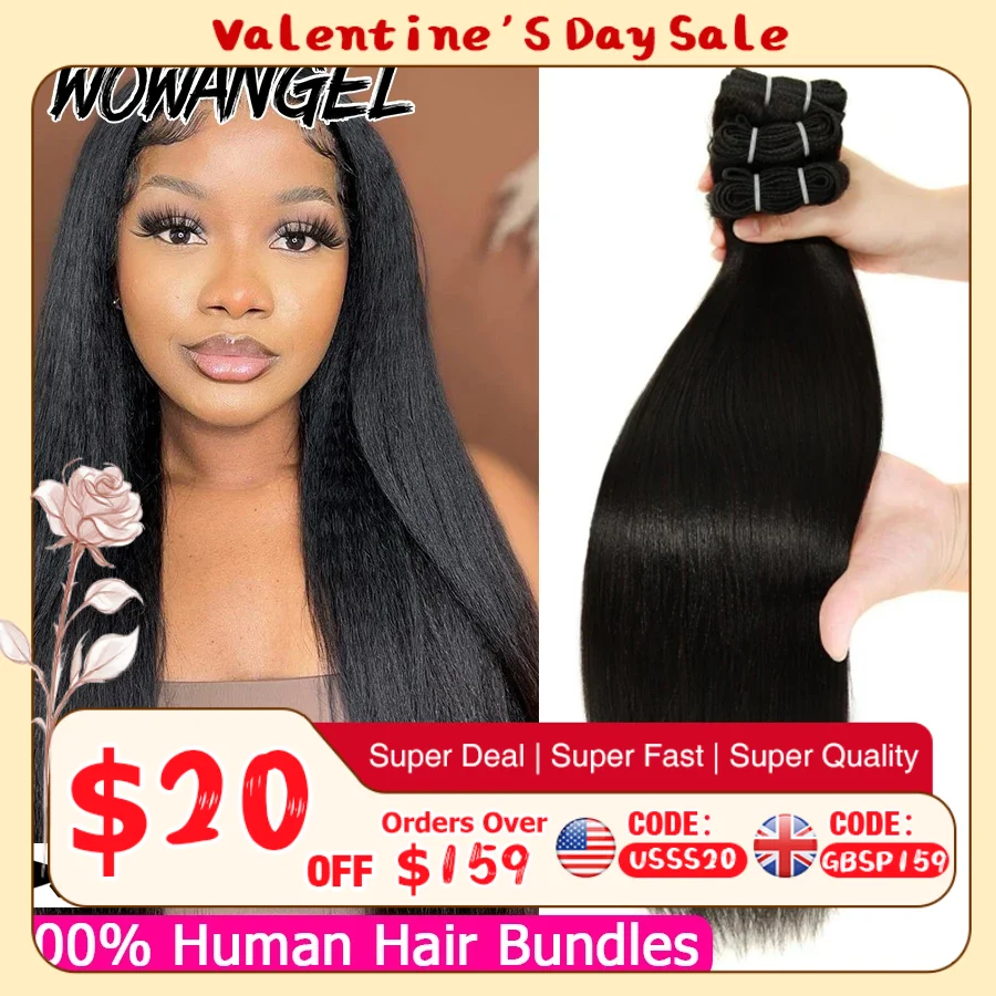 WOWANGEL Light Yaki Straight Human Hair Bundles Bouncy Fluffy Kinky Straight Virgin Hair Extensions Natural Black Double Weft
