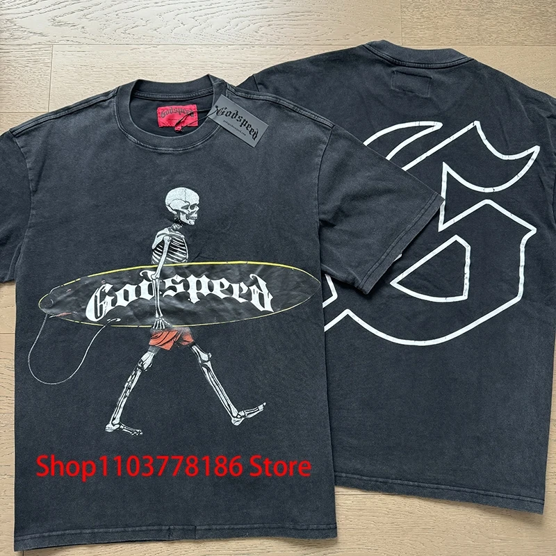 Tide Brand Godspeed T-shirt Retro Streetwear Skateboard Skull Print Unisex Casual Short Sleeve Pullover Real Photo Stock