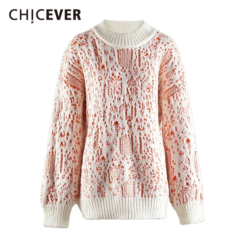 CHICEVER Colorblock Ripped Casual Pullovers for Women Round Neck Long Sleeve Loose Fashionable Sweater Female Spring Clothes New