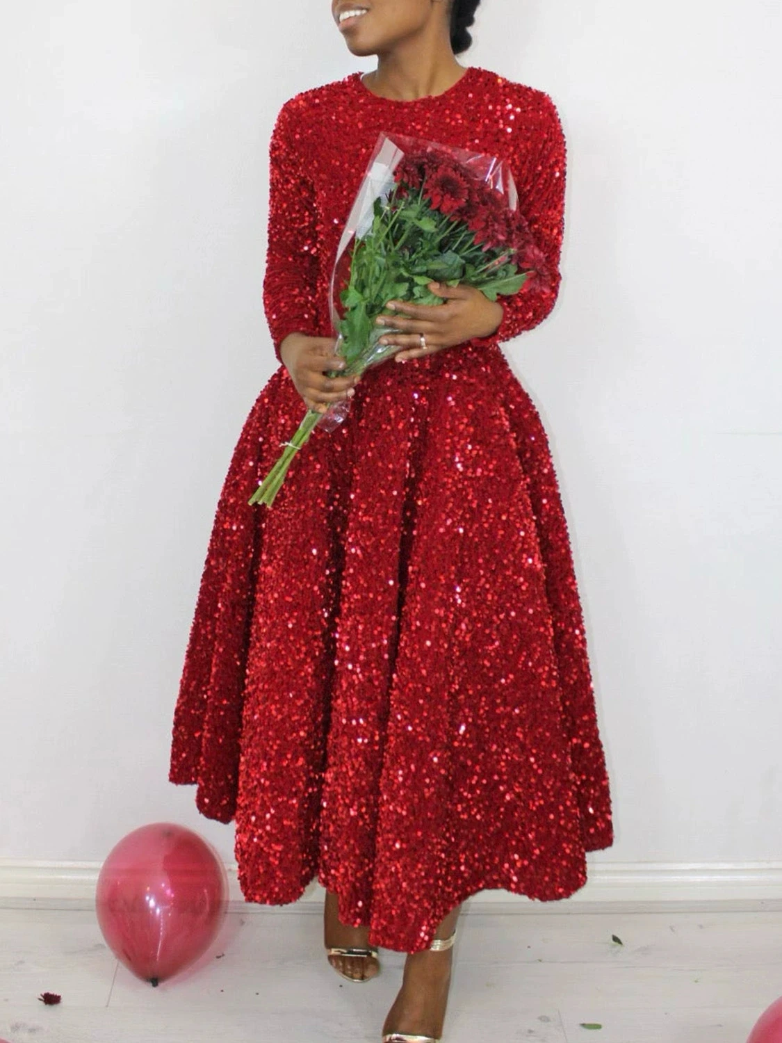 فستان سهرة نسائي لامع مزين بالترتر أنيق بلون سادة عالي الخصر فساتين حفلات الولائم على الطراز الاجتماعي للحفلات الراقصة