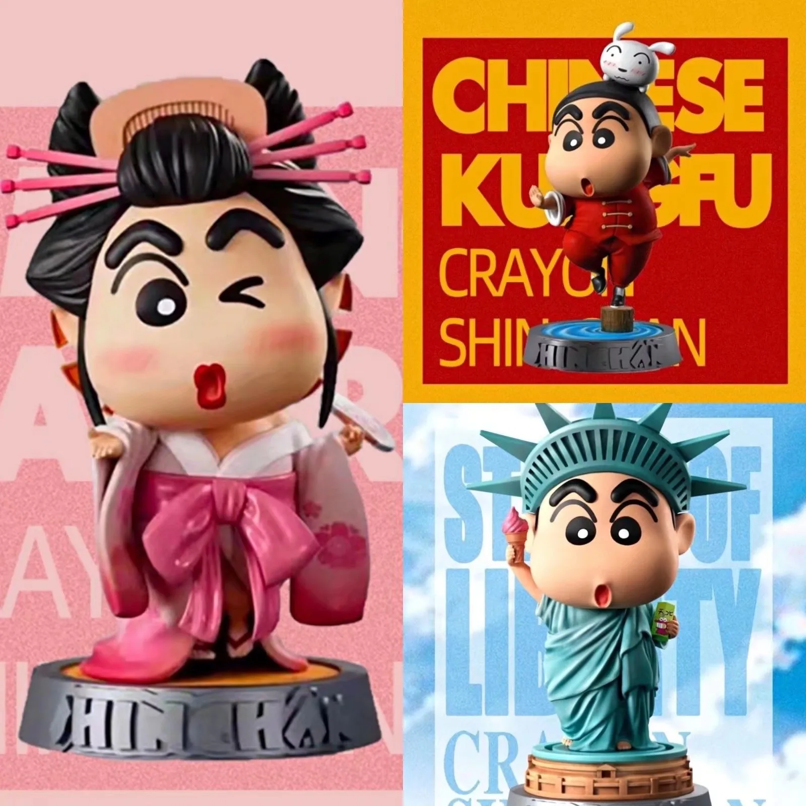 9.5cm Crayon Shin-chan Anime Figure Cos Geisha Kung Fu Statue Of Liberty Action Figurine Collectible Model Toys